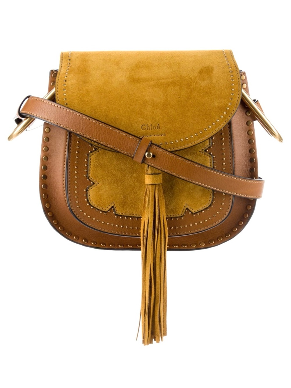 NEW CHLOE Hudson Mustard Suede Brown Leather Studded Crossbody Saddle Bag RARE!